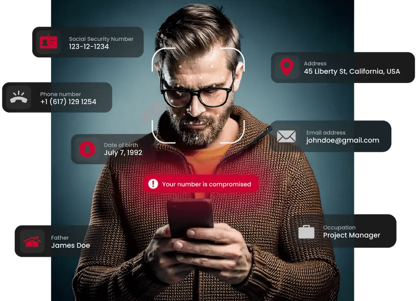 Person with exposed personal data showing compromised privacy